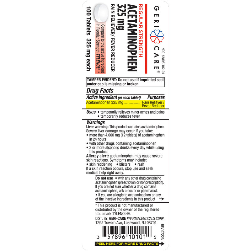 GeriCare Acetaminophen 325 mg – Regular Strength Pain Reliever & Fever Reducer | 100 Tablets - RMS PRODUCTS