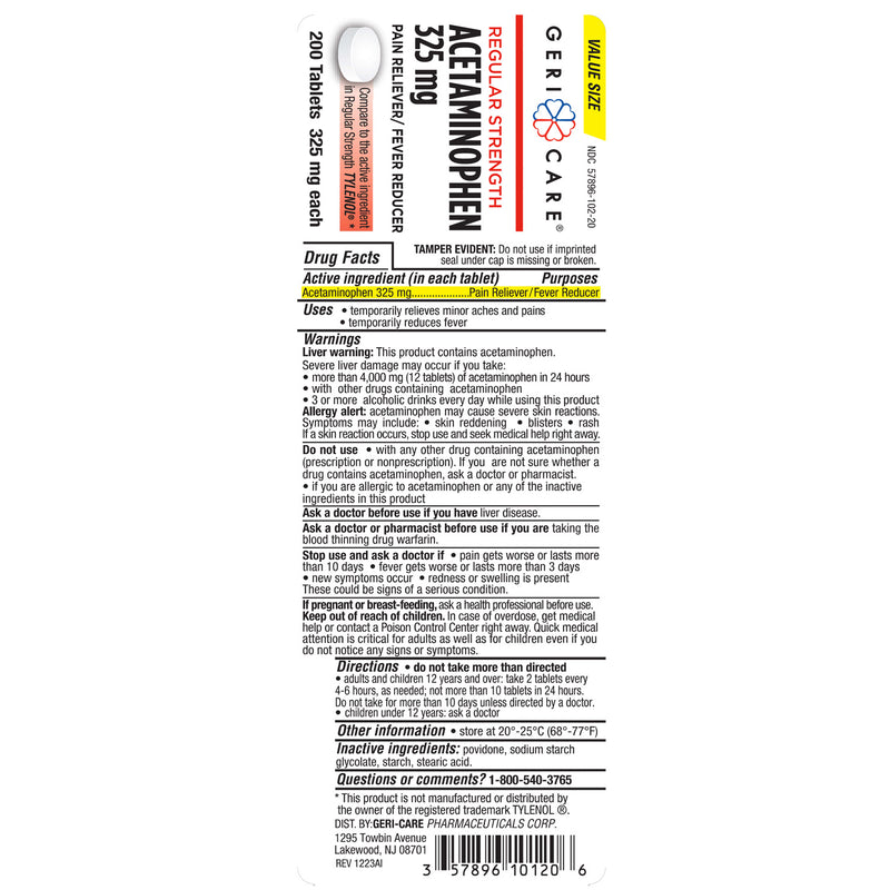 GeriCare Acetaminophen 325 mg – Regular Strength Pain Reliever & Fever Reducer | 200 Tablets - RMS PRODUCTS