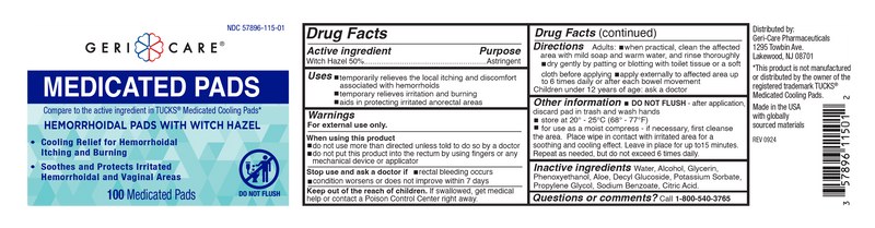 GeriCare Hemorrhoidal Hygiene Pads with Witch Hazel – 100 Pads | Soothing Relief for Hemorrhoids & Irritation - RMS PRODUCTS