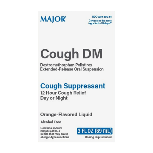 Major 12‑Hour Cough Relief DM – Dextromethorphan Polistirex 30 mg/5 mL, Alcohol-Free, Orange Flavor – 3 fl oz (Includes Dosing Cup) - RMS PRODUCTS