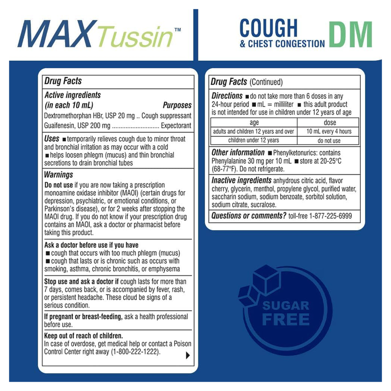 Max Tussin Cough & Chest Congestion DM – Sugar Free Cough Suppressant & Expectorant – 16 fl oz - RMS PRODUCTS