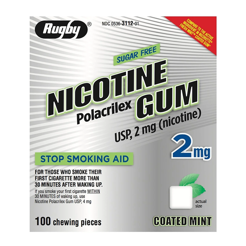 Rugby Nicotine Polacrilex Gum USP 2mg Sugar-Free Mint Flavor - 100 Pieces - RMS PRODUCTS