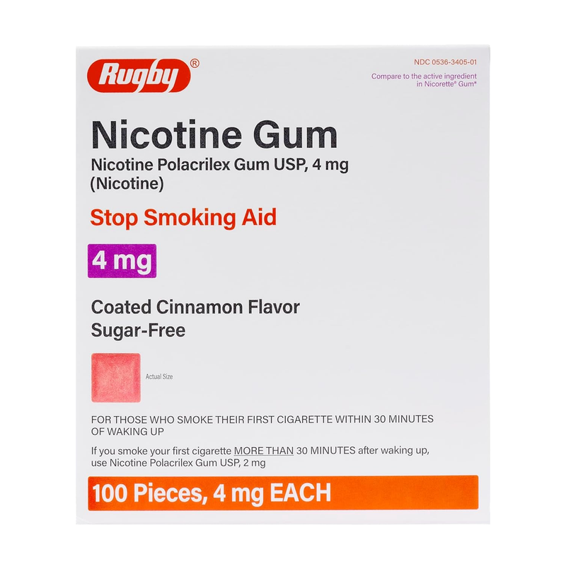 Rugby Nicotine Polacrilex Gum USP 4mg Sugar-Free Cinnamon Flavor - 100 Pieces - RMS PRODUCTS