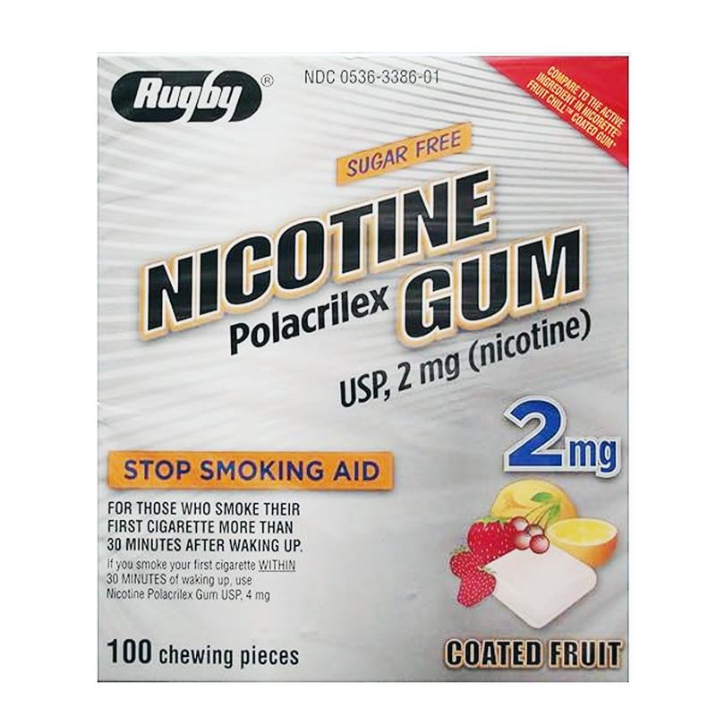 Rugby Nicotine Polacrilex Gum USP 2mg Sugar-Free Coated Fruit Flavor – 100 Pieces - RMS PRODUCTS