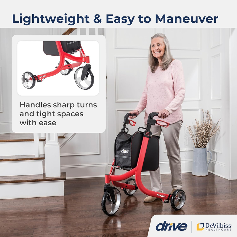 Drive Medical Nitro 3-Wheel Rollator Walker, Ultra-Lightweight Folding Rollator, Red - RMS PRODUCTS