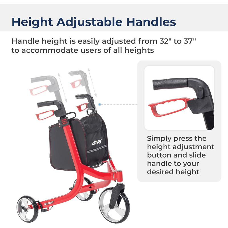 Drive Medical Nitro 3-Wheel Rollator Walker, Ultra-Lightweight Folding Rollator, Red - RMS PRODUCTS