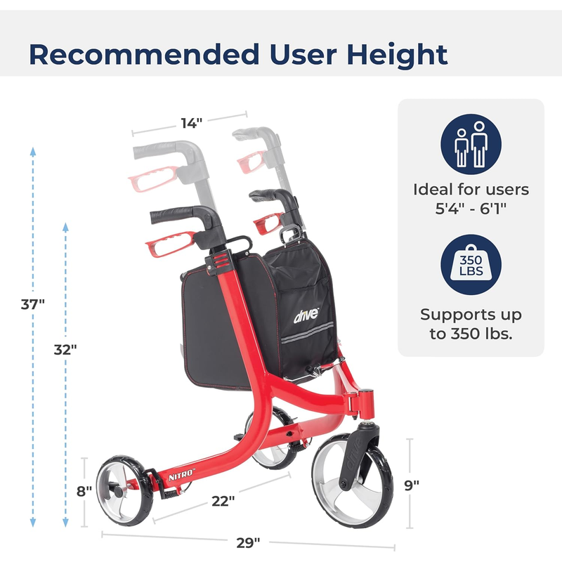 Drive Medical Nitro 3-Wheel Rollator Walker, Ultra-Lightweight Folding Rollator, Red - RMS PRODUCTS