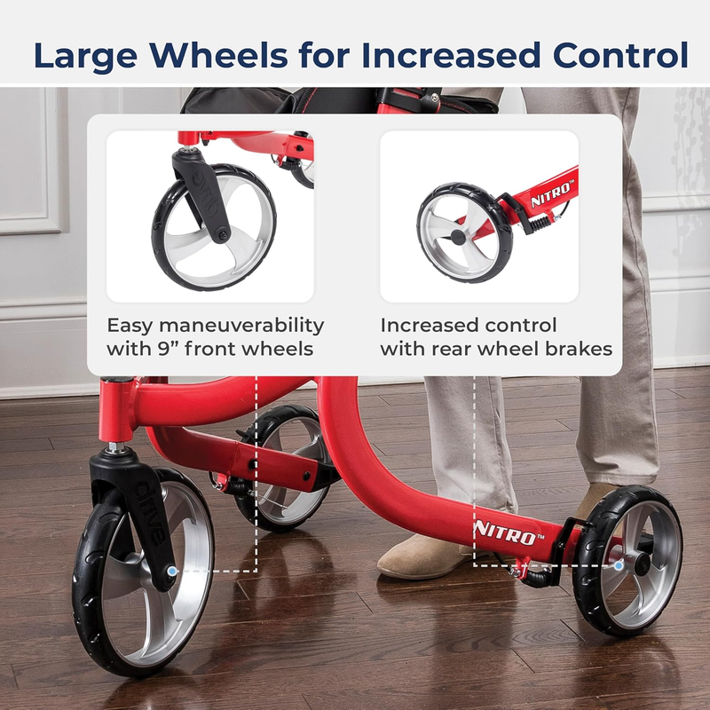 Drive Medical Nitro 3-Wheel Rollator Walker, Ultra-Lightweight Folding Rollator, Red - RMS PRODUCTS