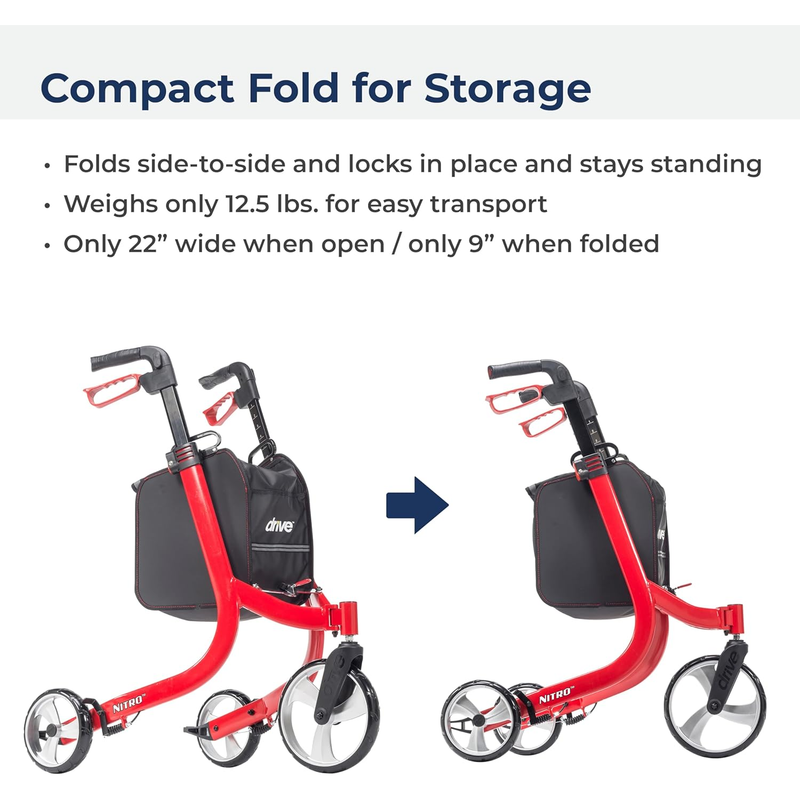 Drive Medical Nitro 3-Wheel Rollator Walker, Ultra-Lightweight Folding Rollator, Red - RMS PRODUCTS