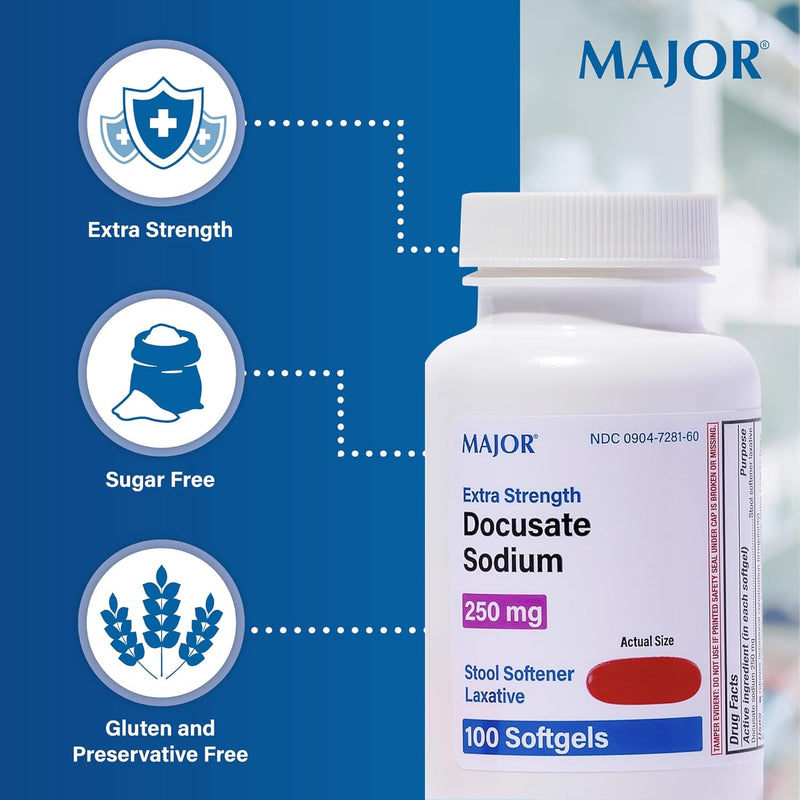Major Docusate Sodium 250 mg Extra‑Strength Stool Softener Softgels – 100 Count | Gentle Relief for Occasional Constipation - RMS PRODUCTS