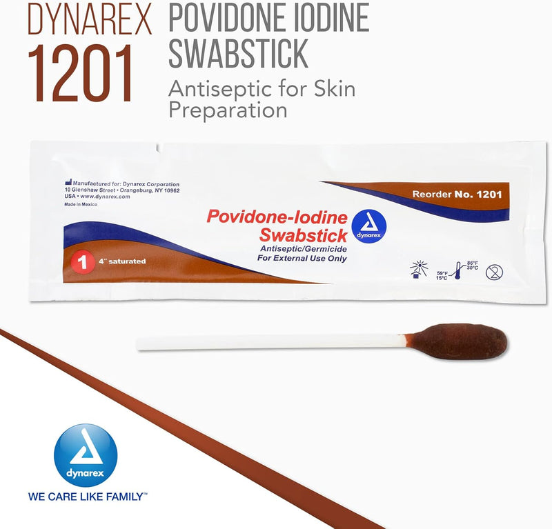 Dynarex Povidone Iodine Swabsticks – 10% Antiseptic, 4″ Soft-Tip Applicators | 50 Individually Foil-Packed Swabsticks - RMS PRODUCTS