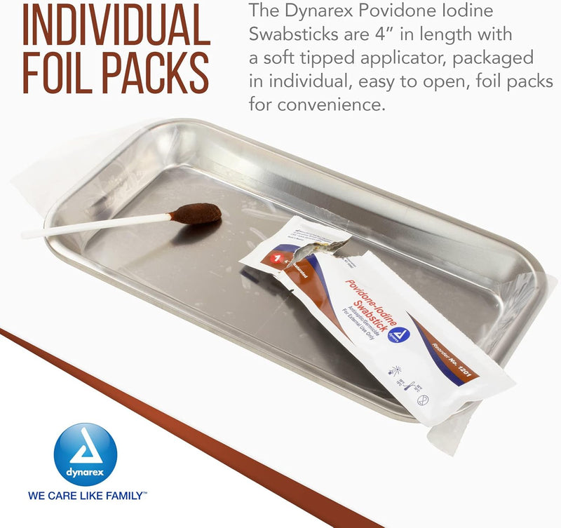 Dynarex Povidone Iodine Swabsticks – 10% Antiseptic, 4″ Soft-Tip Applicators | 50 Individually Foil-Packed Swabsticks - RMS PRODUCTS
