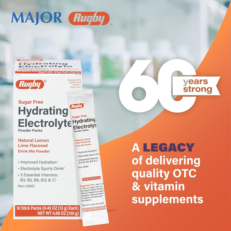 Rugby Sugar-Free Hydrating Electrolyte Powder Packs – 10 Stick Packs (0.45 oz Each) - RMS PRODUCTS