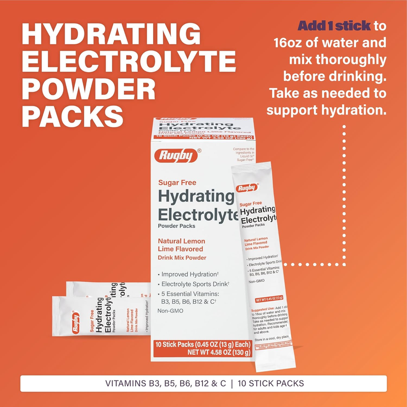 Rugby Sugar-Free Hydrating Electrolyte Powder Packs – 10 Stick Packs (0.45 oz Each) - RMS PRODUCTS