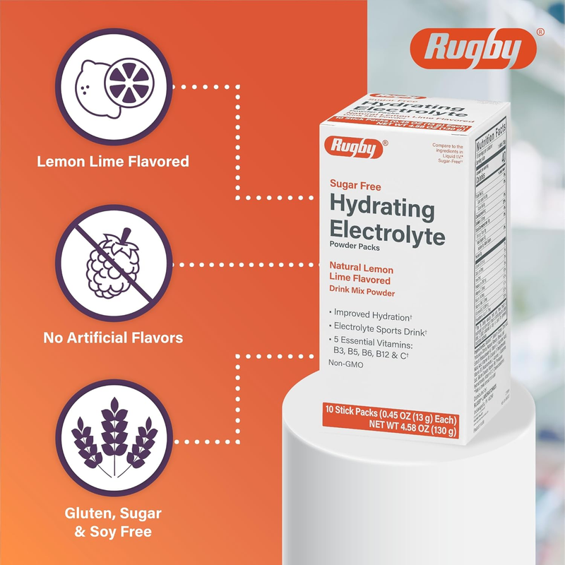 Rugby Sugar-Free Hydrating Electrolyte Powder Packs – 10 Stick Packs (0.45 oz Each) - RMS PRODUCTS