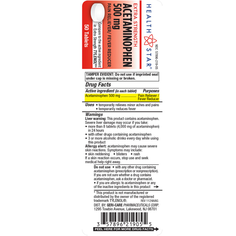 HealthStar Acetaminophen 500 mg – 50 Tablets | Extra‑Strength Pain Relief - RMS PRODUCTS