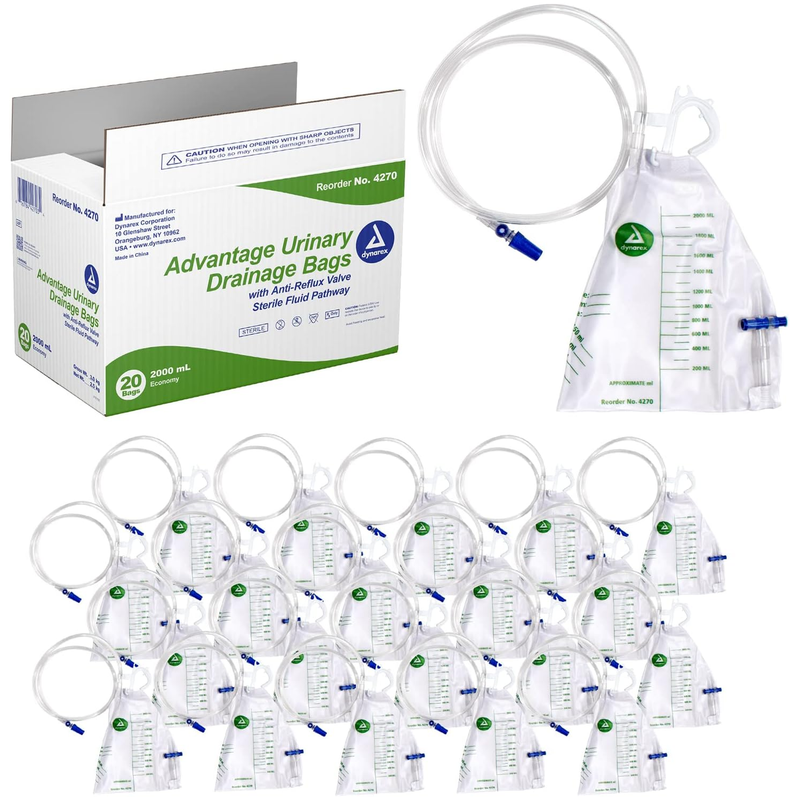 Dynarex Advantage Urinary Drainage Bag – 2000mL, Box of 20 | Anti-Reflux, Teardrop Design, Universal Hanger - RMS PRODUCTS