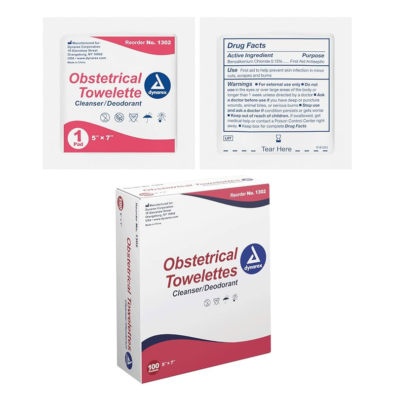 Dynarex Obstetrical Towelettes – 5" x 7", Pack of 100 | Pre-Moistened BZK Wipes with 5% Alcohol, Individually Wrapped - RMS PRODUCTS