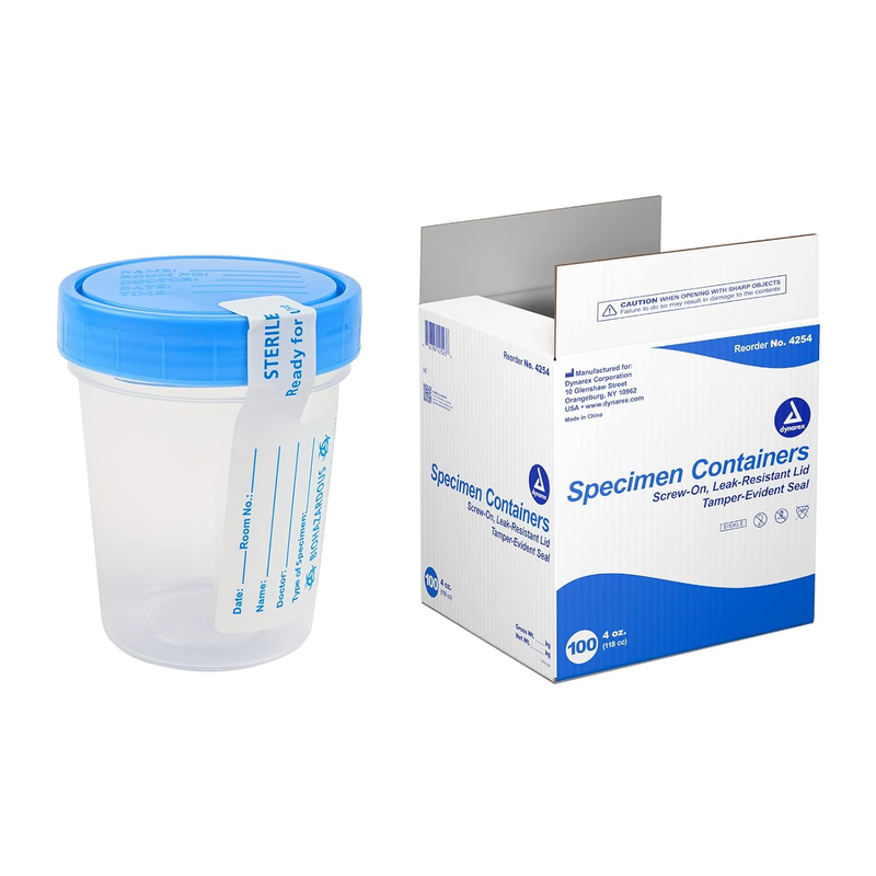 Dynarex Sterile Specimen Containers – 4 oz, Box of 100 | Bulk Packaged with Leak-Resistant Blue Lids - RMS PRODUCTS