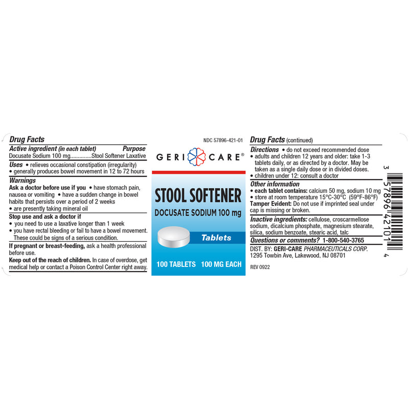 GeriCare Stool Softener – Docusate Sodium 100 mg | Gentle Relief from Occasional Constipation – 100 Tablets - RMS PRODUCTS