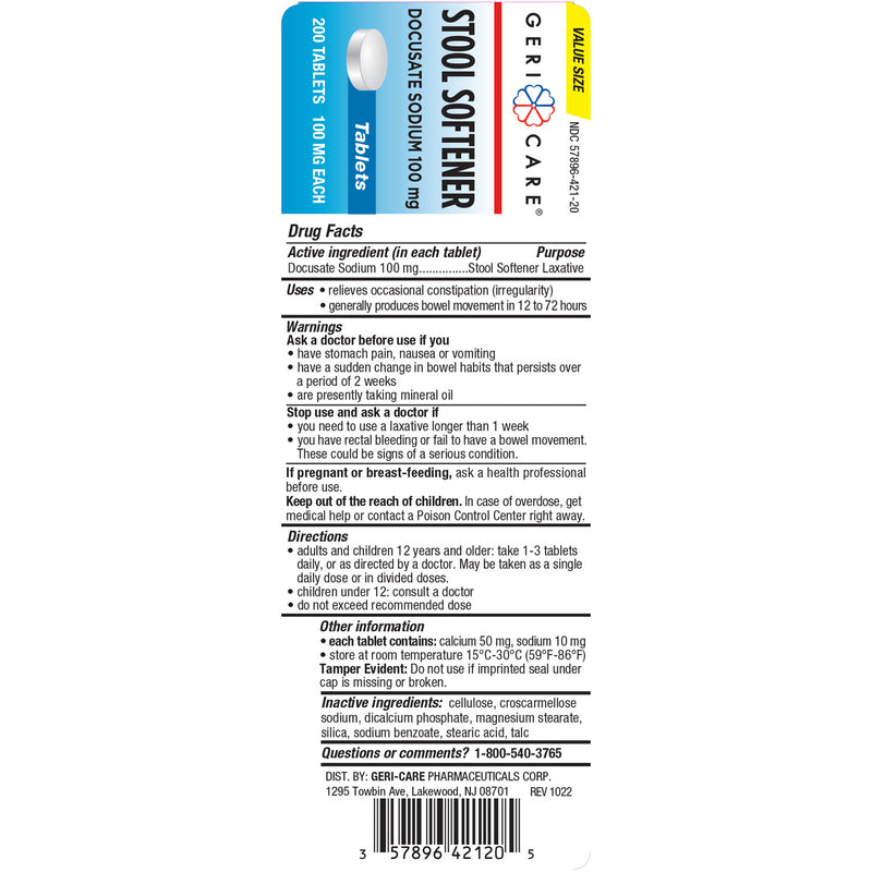 GeriCare Stool Softener – Docusate Sodium 100 mg | Gentle Constipation Relief – 200 Tablets - RMS PRODUCTS