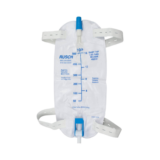Teleflex Rüsch® EasyTap™ Leg Bag – 500 mL (Model 452919) & 1000 mL (Model 452932), PVC Vinyl, Anti‑Reflux Valve - RMS PRODUCTS