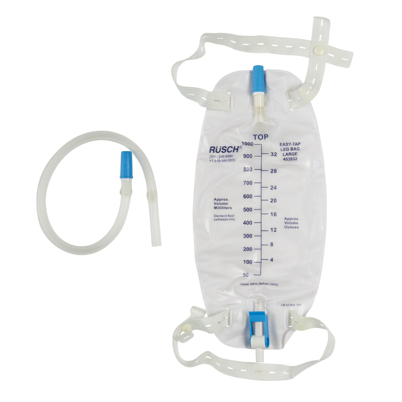 Teleflex Rüsch® EasyTap™ Leg Bag – 950 mL with 18″ Tubing, Anti‑Reflux Valve, Flip Tap, Cloth Straps – Model #453932 - RMS PRODUCTS