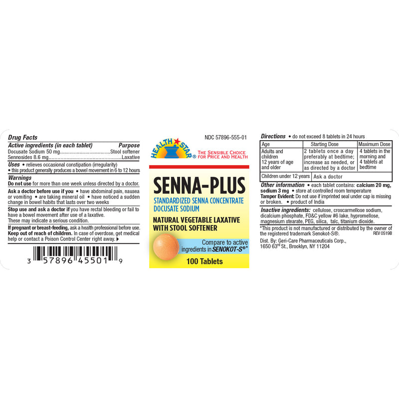 GeriCare Senna Plus – Natural Laxative & Stool Softener, 100 Tablets | Gentle Overnight Constipation Relief - RMS PRODUCTS