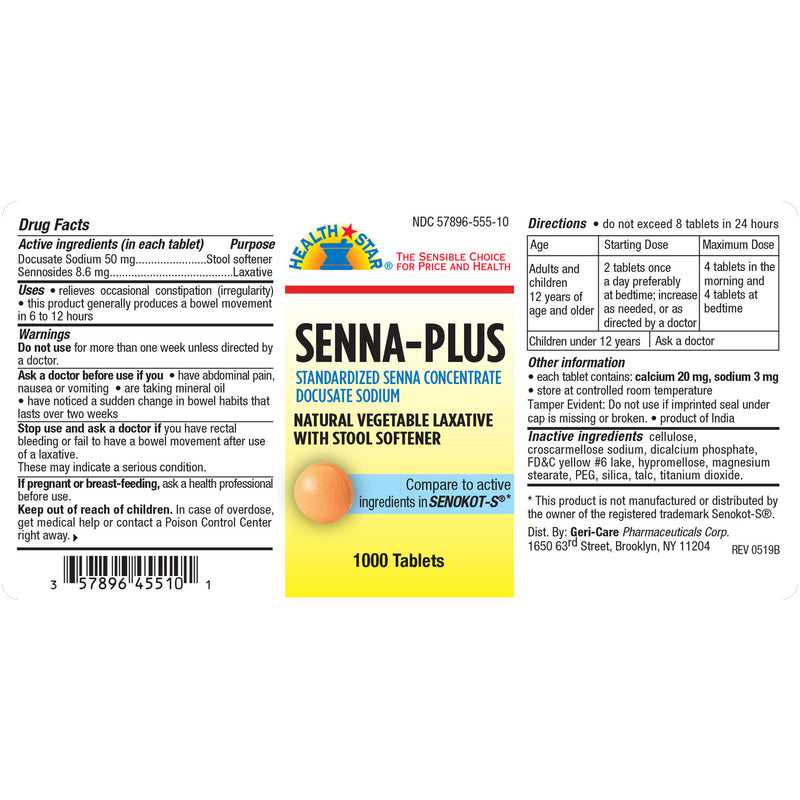 GeriCare Senna Plus – Dual-Action Laxative & Stool Softener, 1000 Tablets | Bulk Relief from Occasional Constipation - RMS PRODUCTS