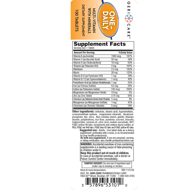 GeriCare One‑Daily Multi‑Vitamin + Minerals – 100 Tablets - RMS PRODUCTS