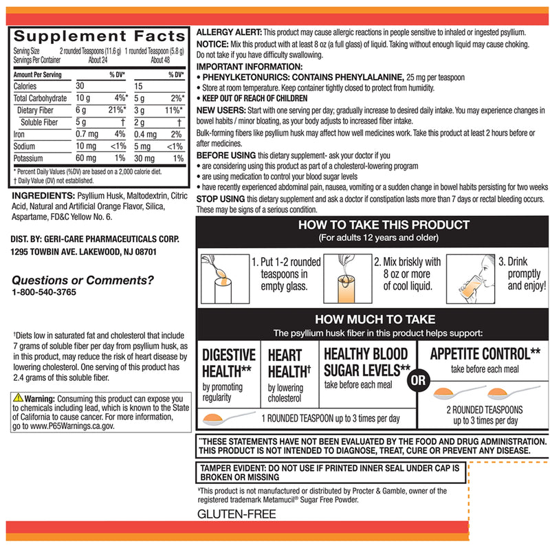 GeriCare Sugar-Free Natural Vegetable Laxative Powder – 10 oz | Orange Flavor, 3.4g per Dose - RMS PRODUCTS