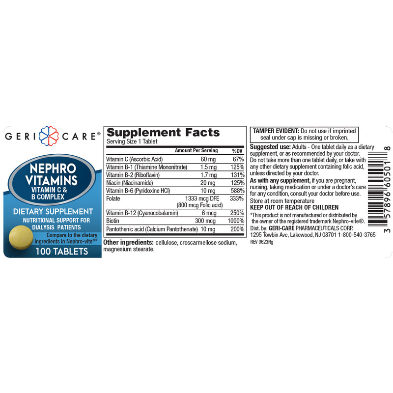 GeriCare Nephro Vitamin C & B Complex – 100 Tablets | Renal-Support Antioxidant & Energy Formula - RMS PRODUCTS