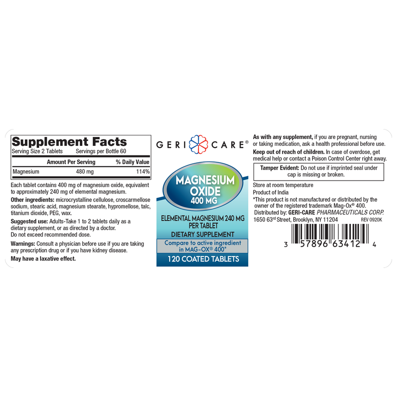 GeriCare Magnesium Oxide 400 mg – 120 Tablets | Muscle, Nerve & Heart Support - RMS PRODUCTS