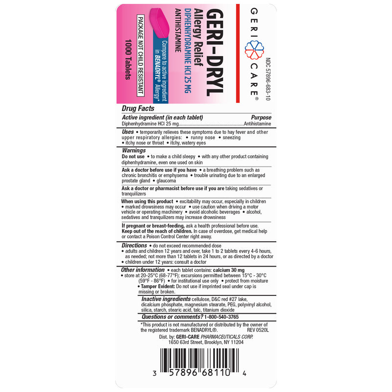 GeriCare Geri‑Dryl Allergy Relief – Diphenhydramine HCl 25 mg | 1000 Tablets (Benadryl® Equivalent) - RMS PRODUCTS