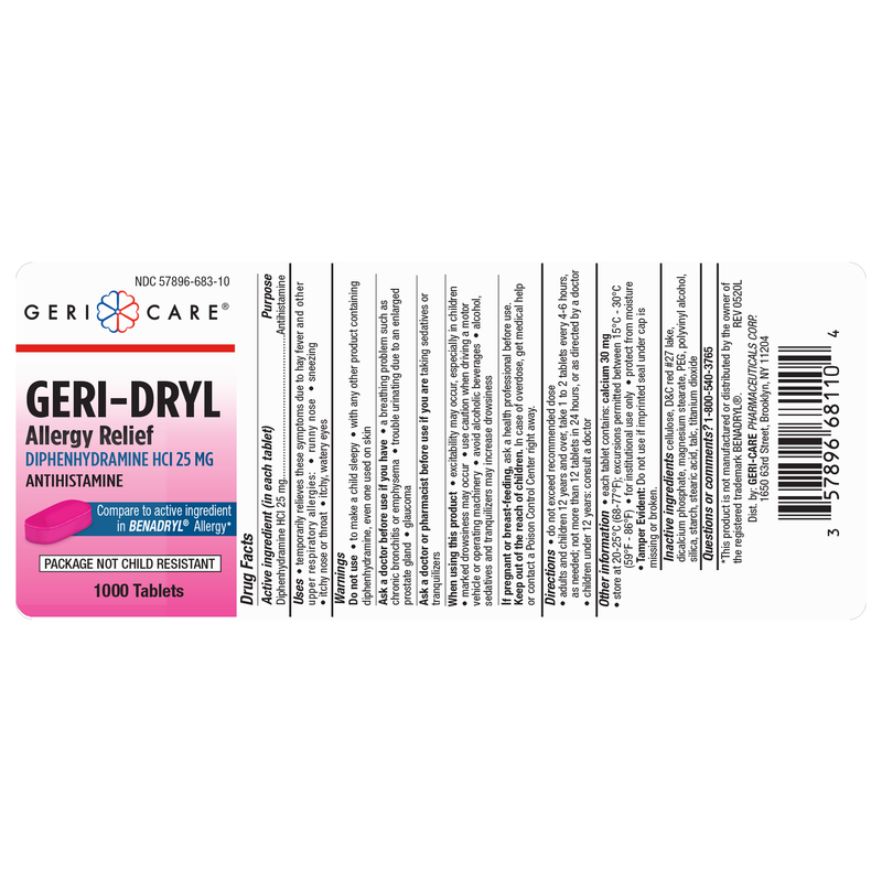 GeriCare Geri-Dryl Allergy Relief – 25 mg Diphenhydramine HCl | 1000 Tablets - RMS PRODUCTS