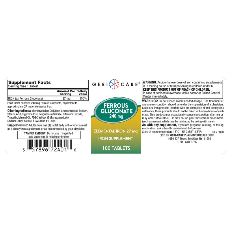 GeriCare Ferrous Gluconate Iron Supplement – 240 mg (Equivalent to 27 mg Elemental Iron), 100 Tablets - RMS PRODUCTS