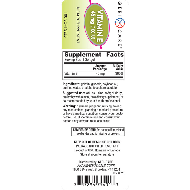 GeriCare Vitamin E 45 mg (100 IU) Softgels – 100 Count | Daily Antioxidant Support - RMS PRODUCTS