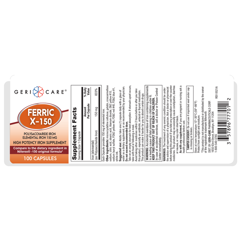 GeriCare Ferric X-150 Iron Supplement – 150 mg Polysaccharide Iron | 100 Capsules - RMS PRODUCTS