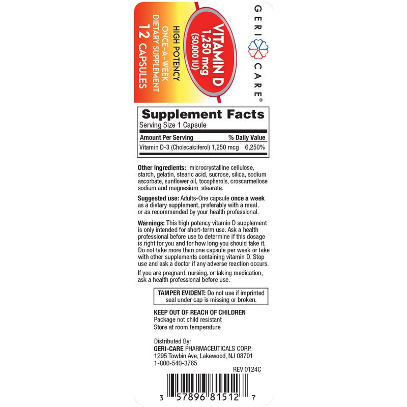 GeriCare Vitamin D 1,250mcg (50,000 IU) High‑Potency Capsules – 12 Count | Once‑Weekly Supplement - RMS PRODUCTS
