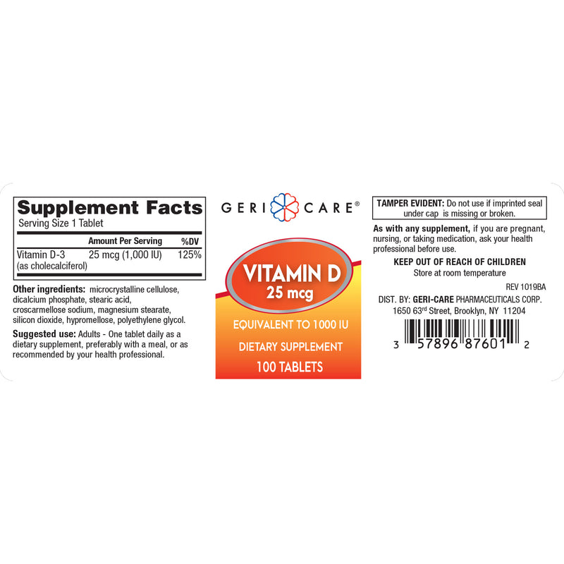 GeriCare Vitamin D 25 mcg (1,000 IU) Tablets – 100 Count | Bone, Muscle & Immune Support - RMS PRODUCTS