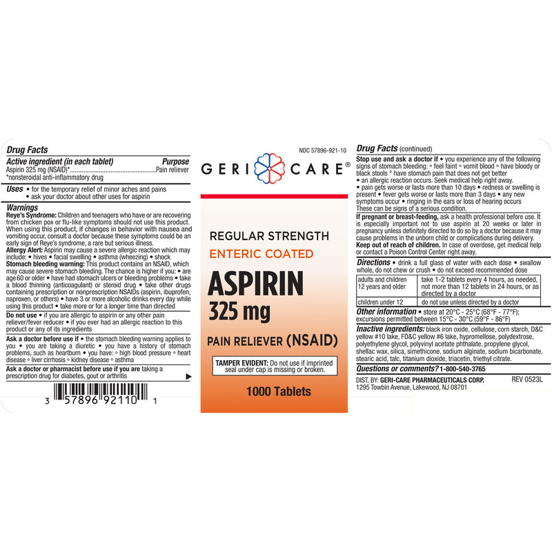 GeriCare Enteric-Coated Aspirin 325 mg – 1000 Tablets | Pain Reliever & Fever Reducer - RMS PRODUCTS