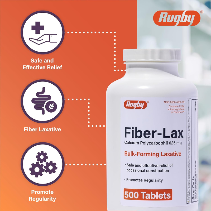 Rugby Fiber-Lax Calcium Polycarbophil 625 mg – 500 Tablets | Bulk Fiber Supplement for Constipation Relief & Digestive Regularity - RMS PRODUCTS