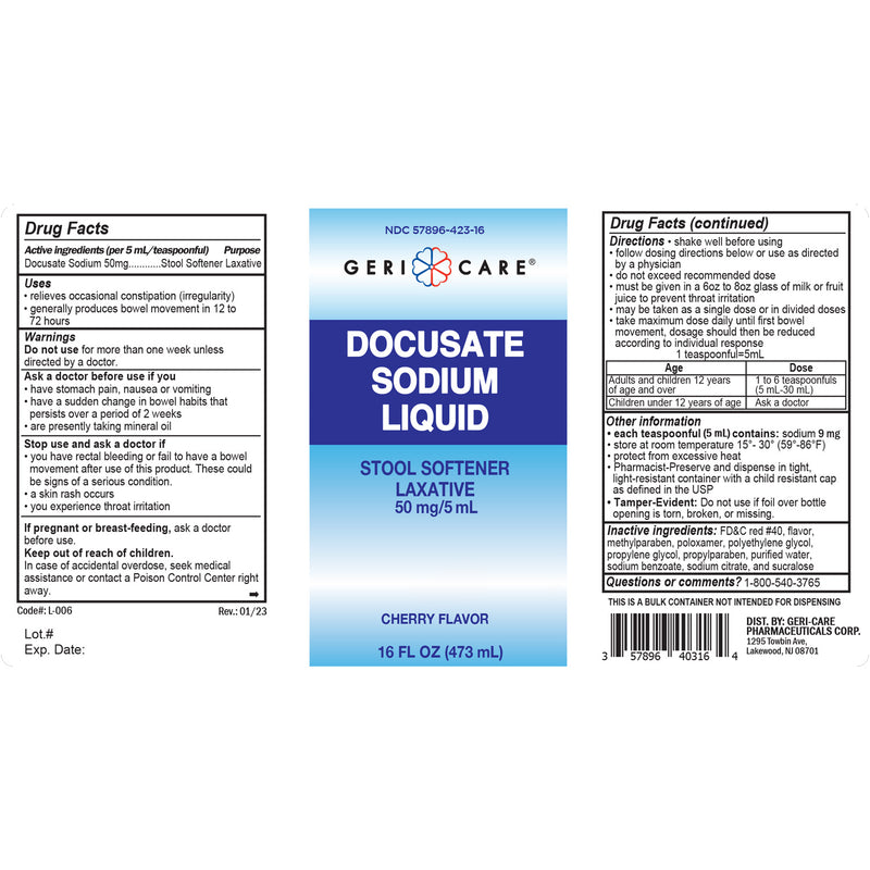 GeriCare Docusate Sodium Liquid – 50 mg per 5 mL | Gentle Stool Softener — 16 fl oz (473 mL) - RMS PRODUCTS