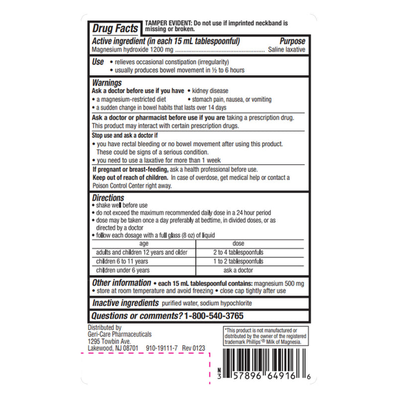 GeriCare Milk of Magnesia – 16 fl oz | Saline Laxative & Antacid (Magnesium Hydroxide 1200 mg) - RMS PRODUCTS