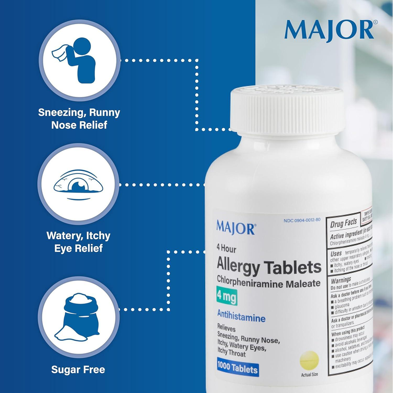 Major 4 Hour Allergy Relief Tablets – Chlorpheniramine Maleate 4 mg – 1000 Tablets | Antihistamine for Sneezing, Runny Nose, Itchy Eyes & Throat - RMS PRODUCTS