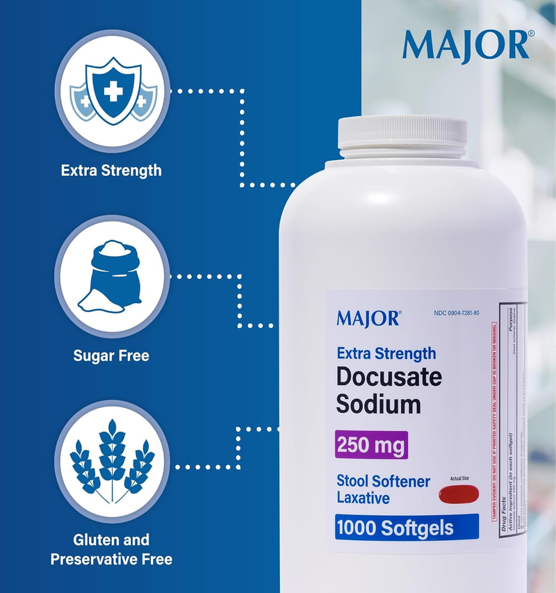 Major Extra Strength Docusate Sodium 250 mg – 1000 Softgels | Stool Softener for Gentle, Reliable Relief from Occasional Constipation - RMS PRODUCTS