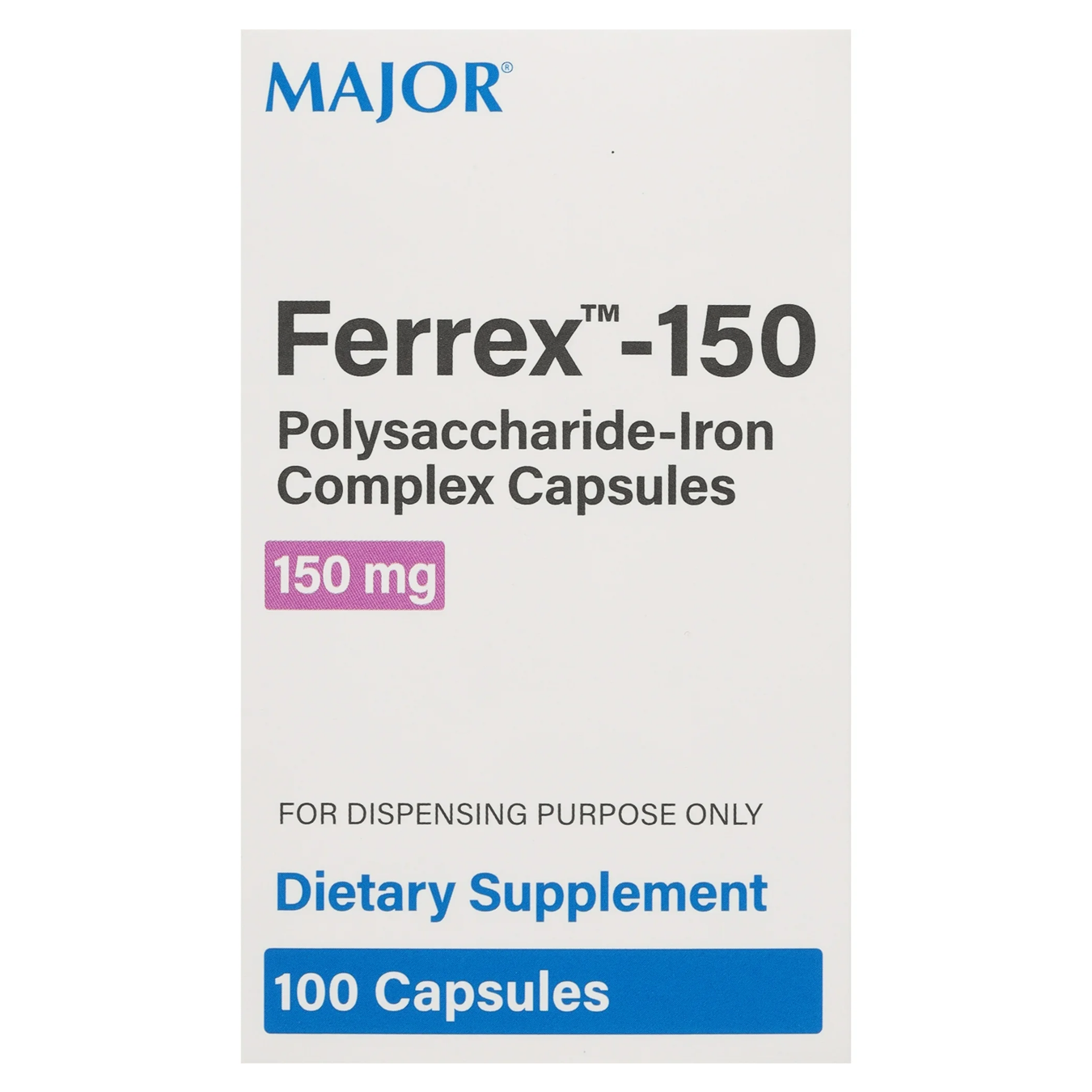 Major Ferrex-150 Polysaccharide-Iron Complex 150 mg â€“ 100 Capsules | High Potency Iron Supplement for Iron Deficiency Anemia - RMS PRODUCTS