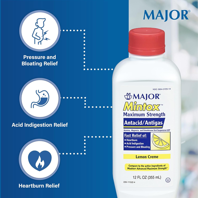 Major Mintox Maximum Strength Antacid – Lemon Crème Flavor – 12 fl oz | Fast-Acting Relief for Heartburn, Indigestion & Gas - RMS PRODUCTS