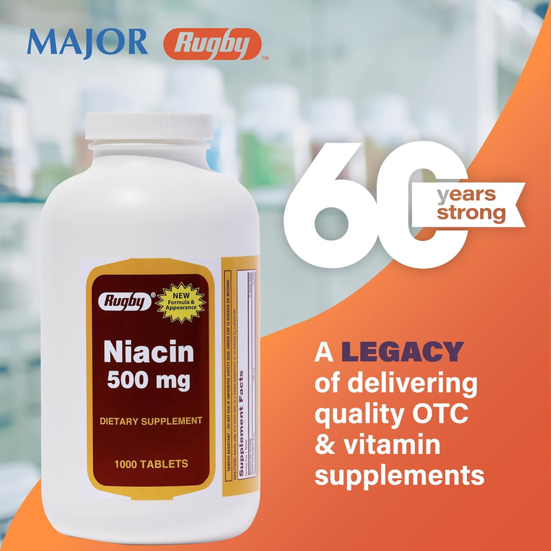Rugby Niacin Dietary Supplement – 500mg, 1000 Tablets | Supports Cardiovascular Health & Energy Metabolism - RMS PRODUCTS
