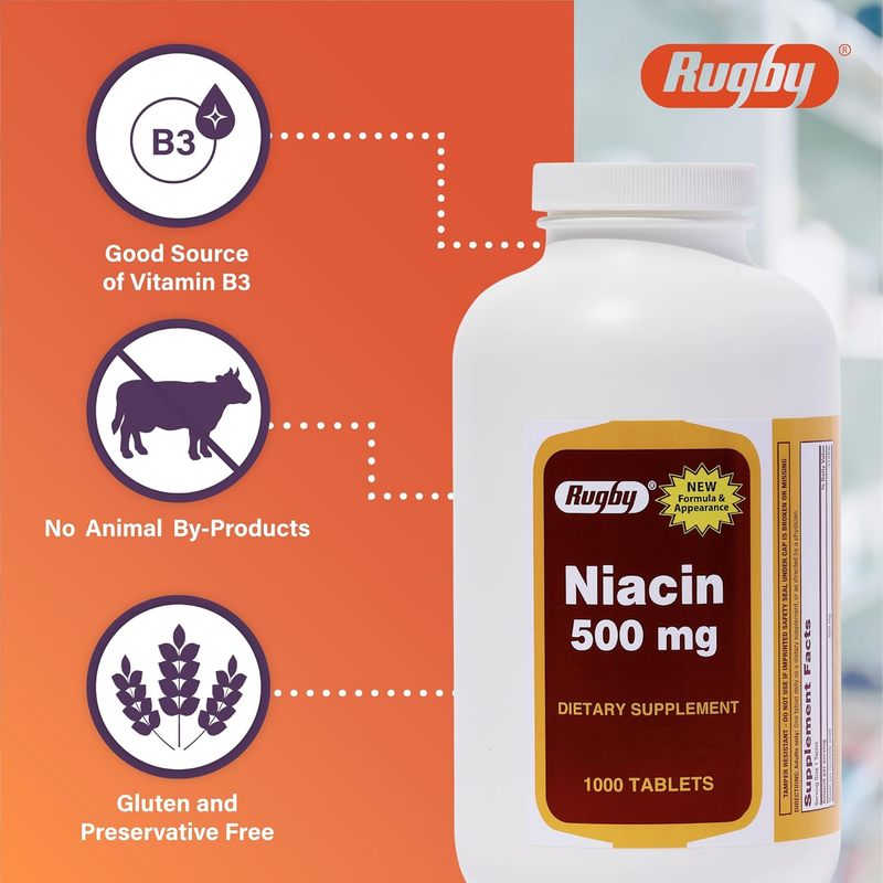 Rugby Niacin Dietary Supplement – 500mg, 1000 Tablets | Supports Cardiovascular Health & Energy Metabolism - RMS PRODUCTS